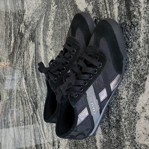 (8.5) Coach Yolanda Jacquard Monogram Sneakers Metallic Silver & Black Classic
